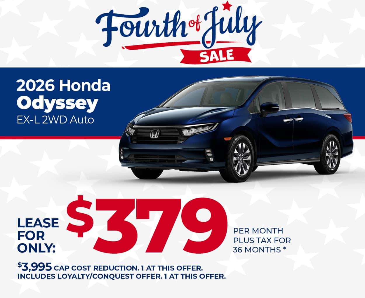 Lease a 2026 Honda Odyssey EX-L for $379 per month for 36 months.