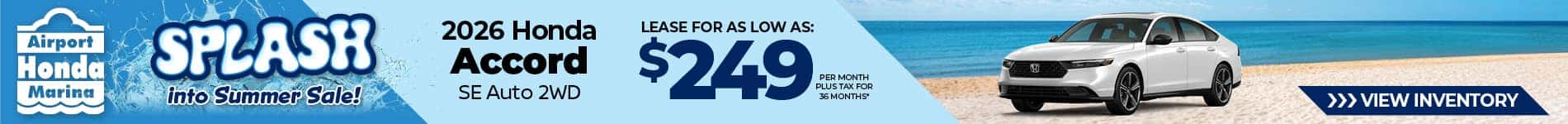Lease a 2026 Honda Accord SE for $249 per month for 36 months.