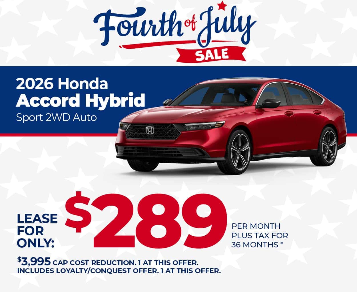 Lease a 2026 Honda Accord Hybrid Sport for $289 per month for 36 months.