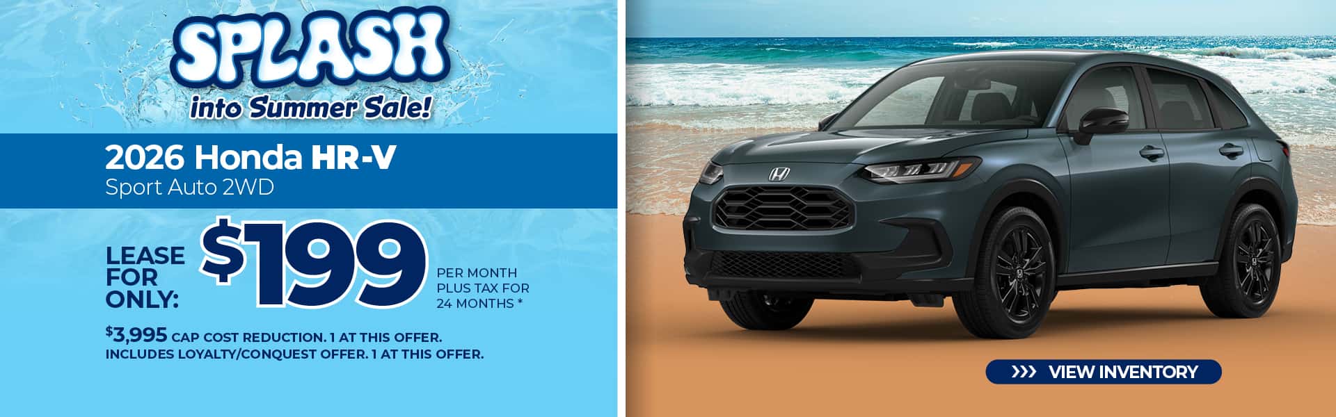 Lease a 2026 Honda HR-V Sport for $199 per month for 24 months.