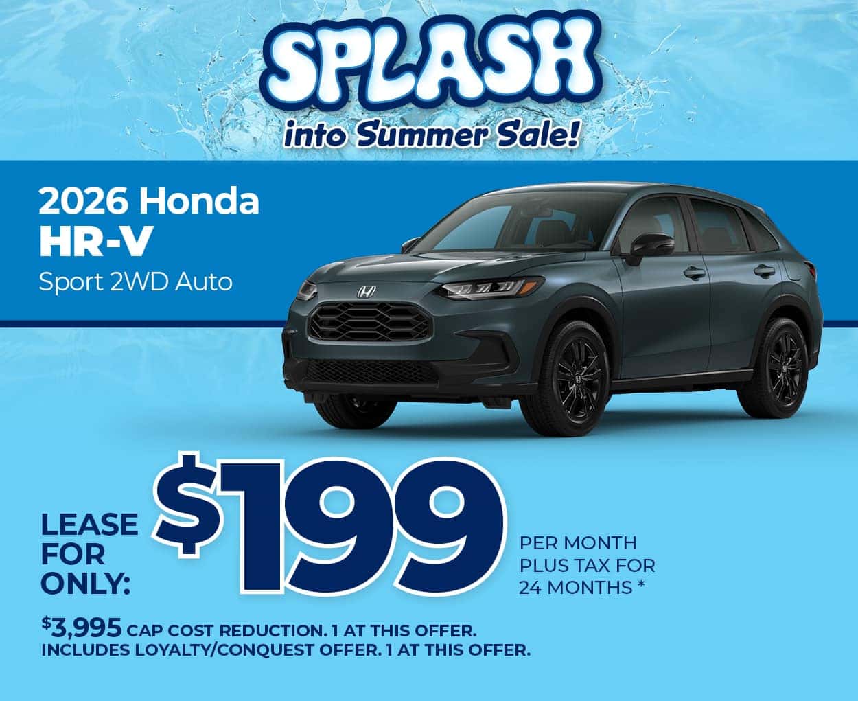Lease a 2026 Honda HR-V Sport for $199 per month for 24 months.