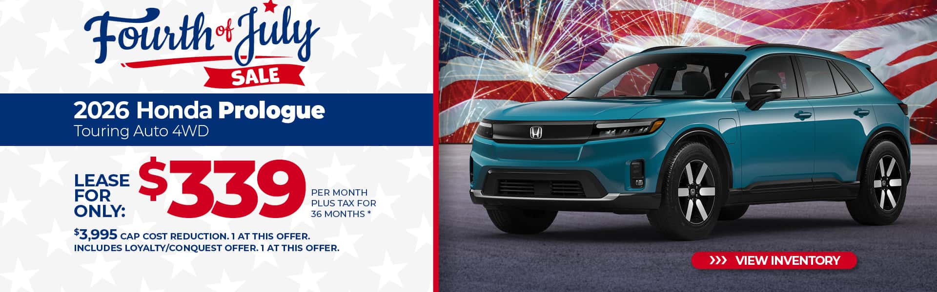 Lease a 2026 Honda Prologue Touring for $339 per month for 36 months.