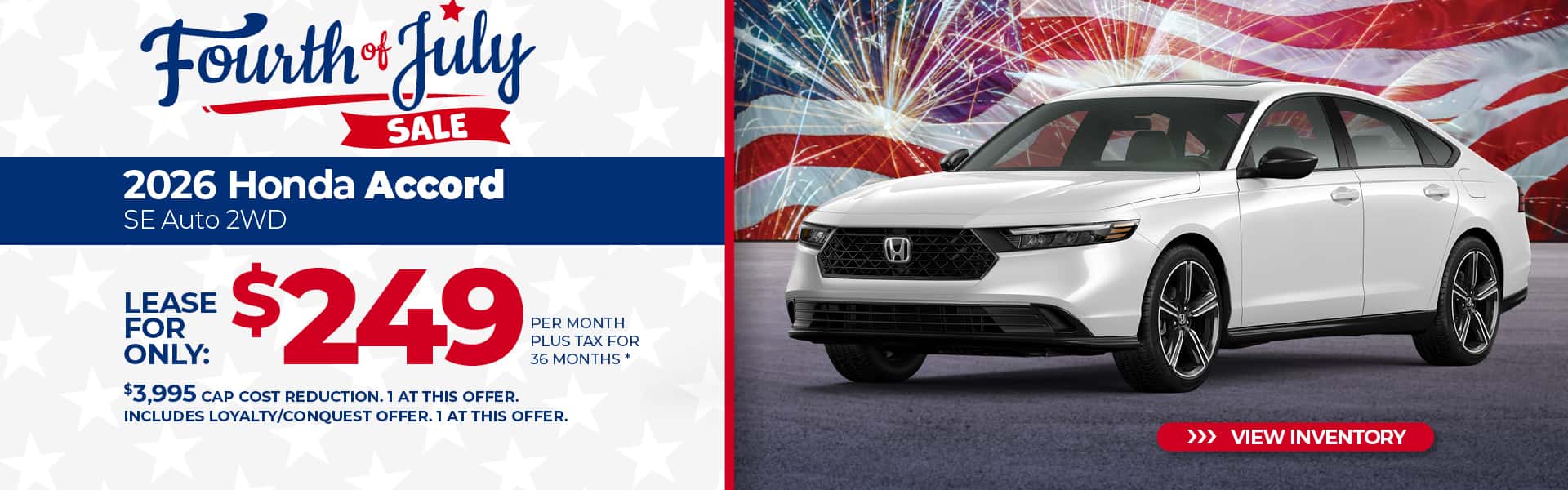 Lease a 2026 Honda Accord SE for $249 per month for 36 months.