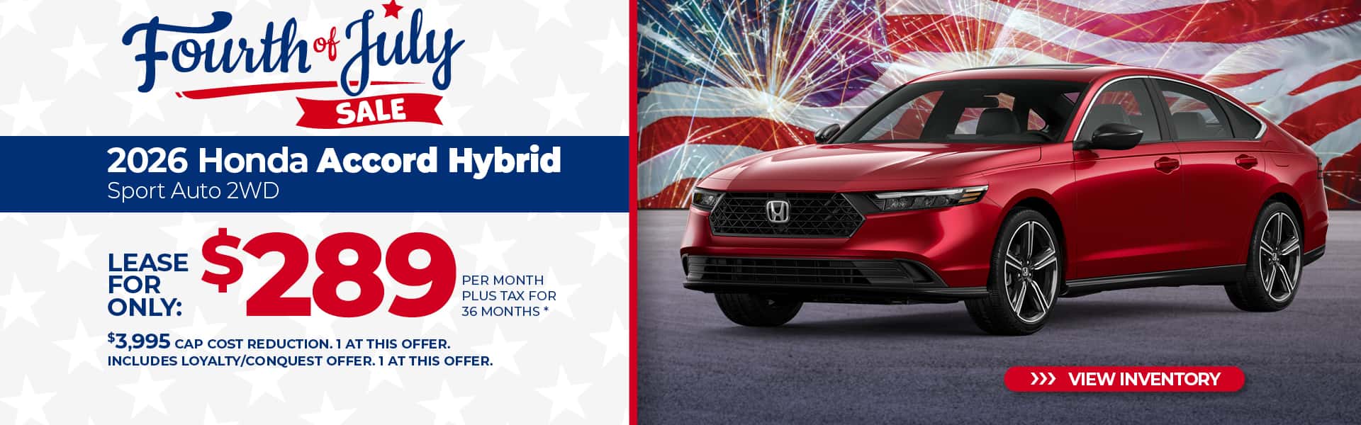 Lease a 2026 Honda Accord Hybrid Sport for $289 per month for 36 months.