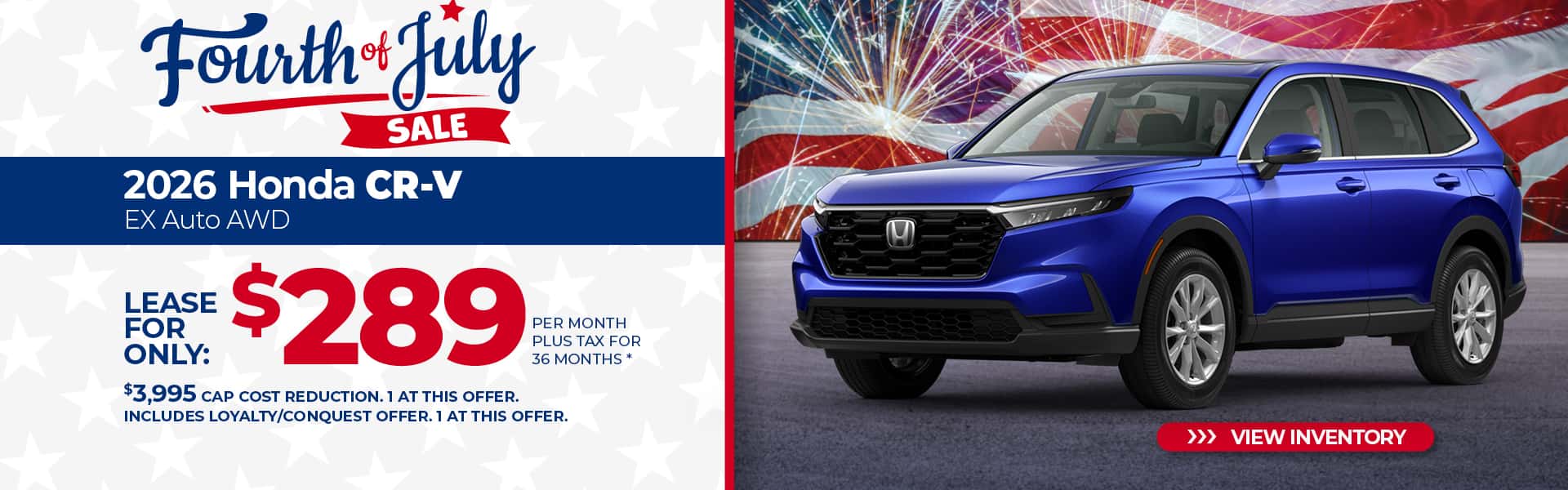 Lease a 2026 Honda CR-V EX for $289 per month for 36 months.
