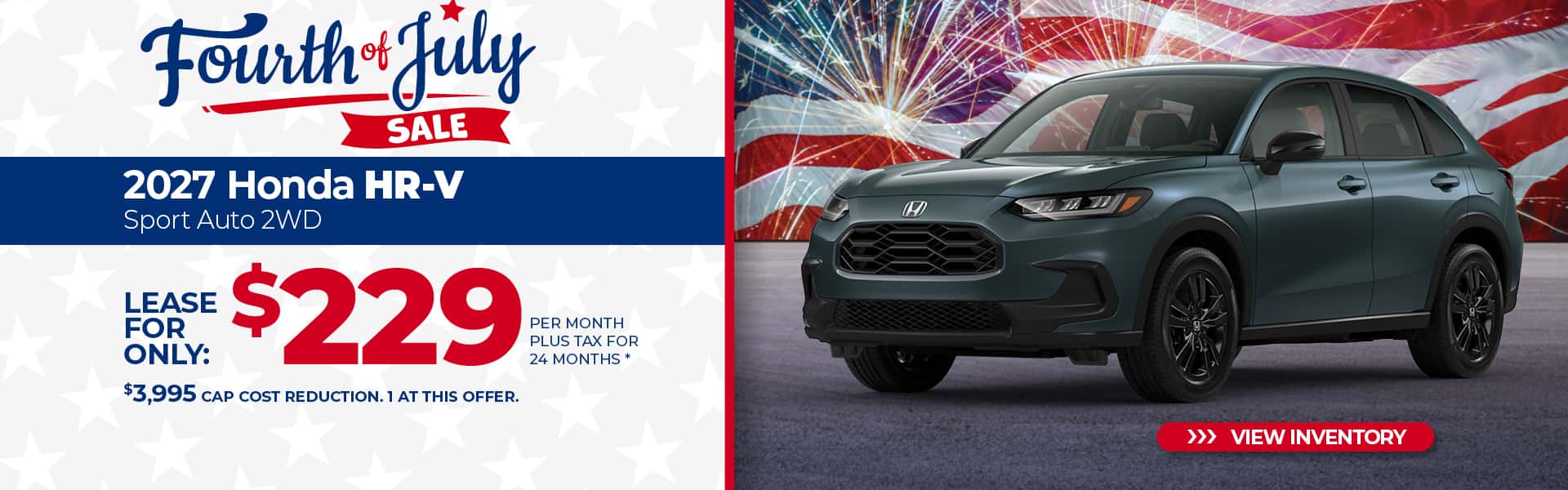 Lease a 2027 Honda HR-V Sport for $229 per month for 24 months.