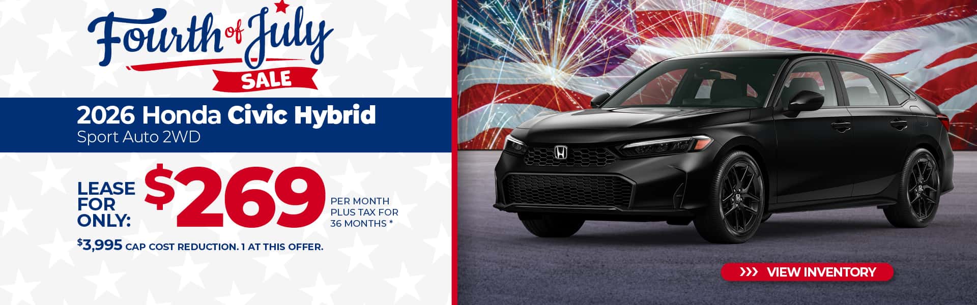 Lease a 2026 Honda Civic Hybrid Sport for $269 per month for 36 months.
