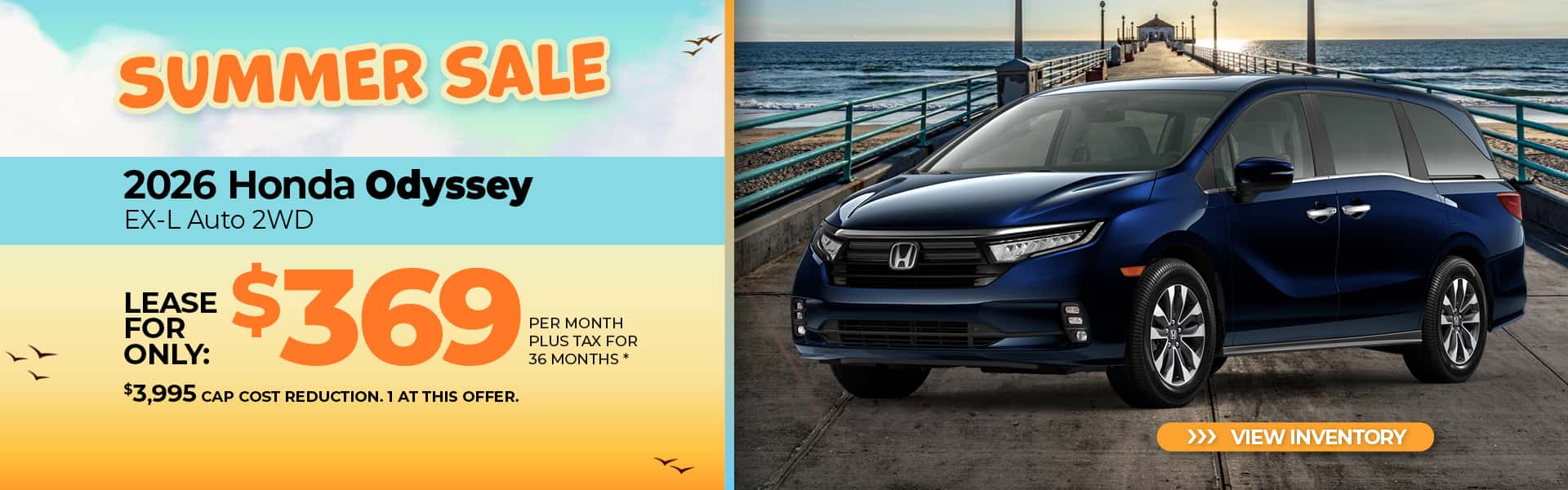 Lease a 2026 Honda Odyssey EX-L for $369 per month for 36 months.