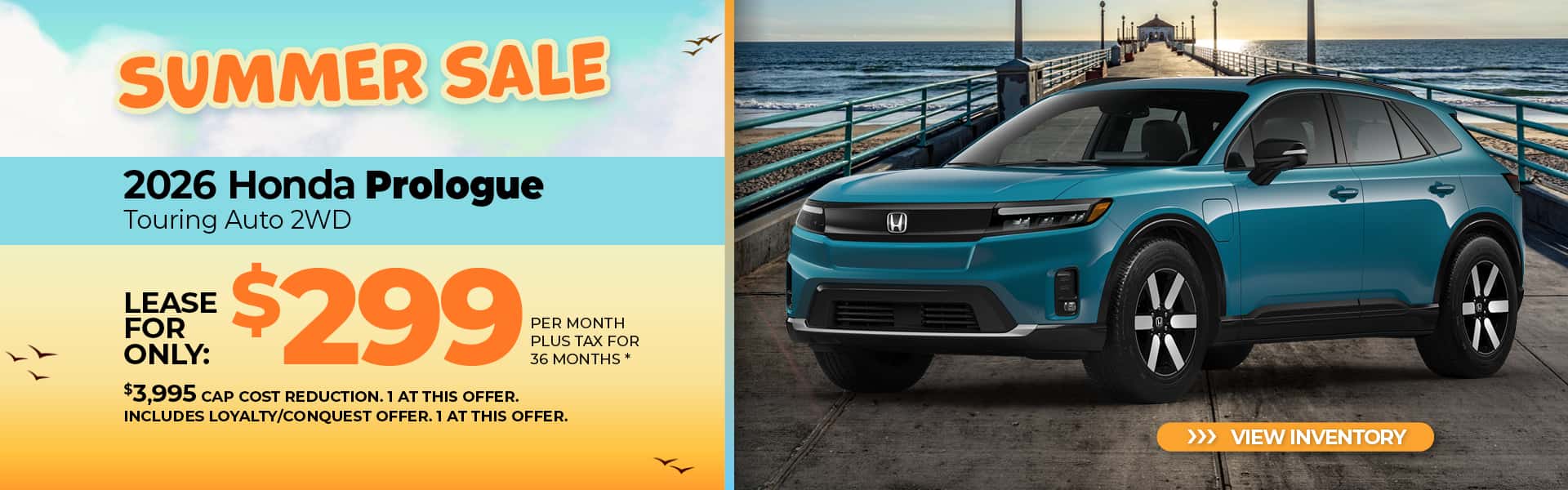 Lease a 2026 Honda Prologue Touring for $299 per month for 36 months.
