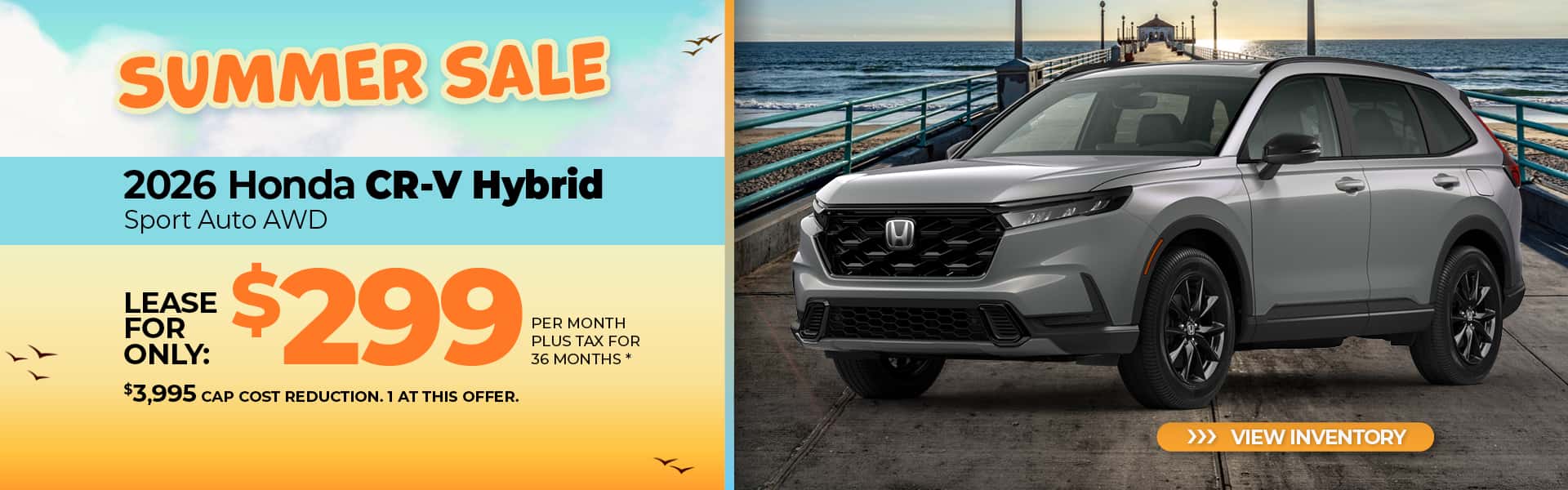 Lease a 2026 Honda CR-V Hybrid Sport for $299 per month for 36 months.