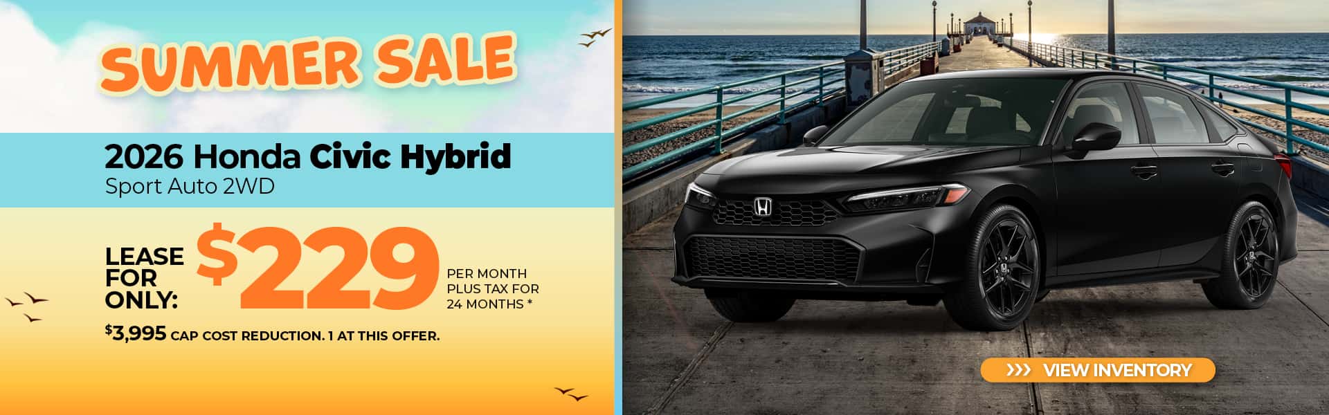 Lease a 2026 Honda Civic Hybrid Sport for $229 per month for 36 months.