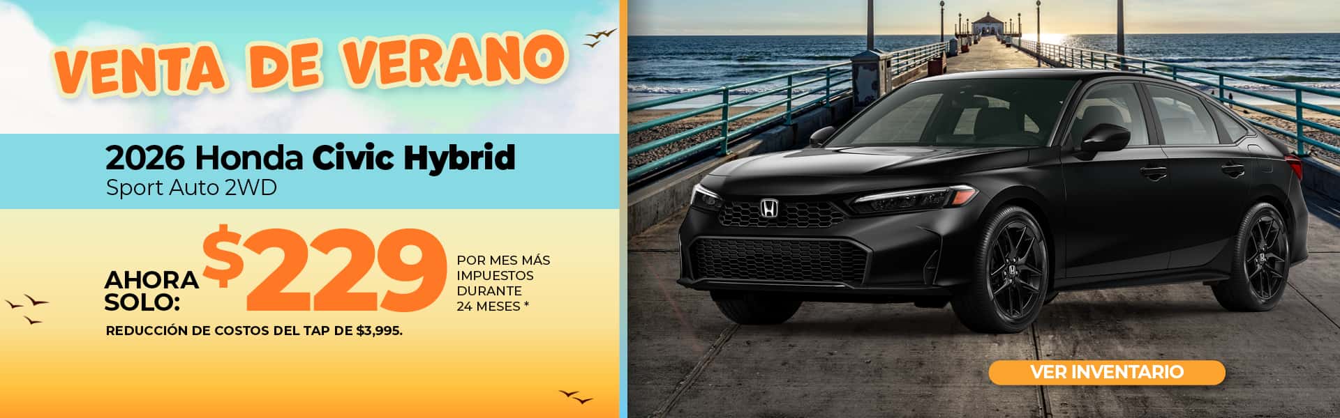 Lease a 2026 Honda Civic Hybrid Sport for $229 per month for 36 months.