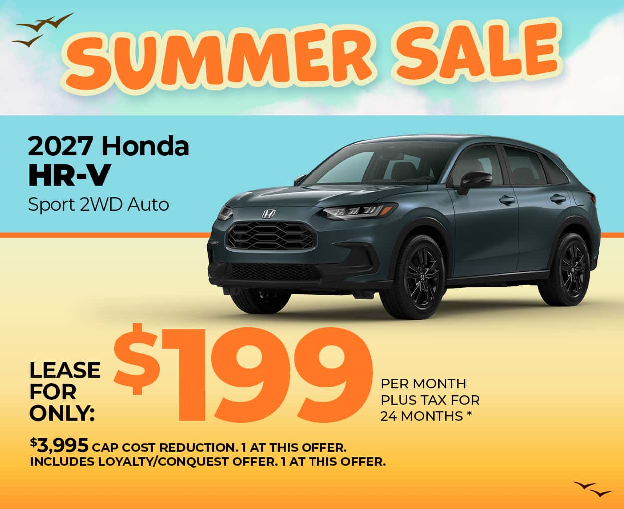 Lease a 2027 Honda HR-V Sport for $199 per month for 24 months.