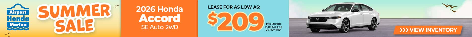 Lease a 2026 Honda Accord SE for $209 per month for 24 months.