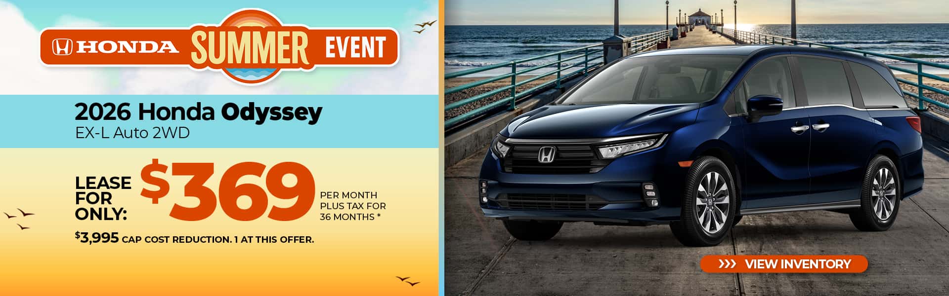 Lease a 2026 Honda Odyssey EX-L for $369 per month for 36 months.