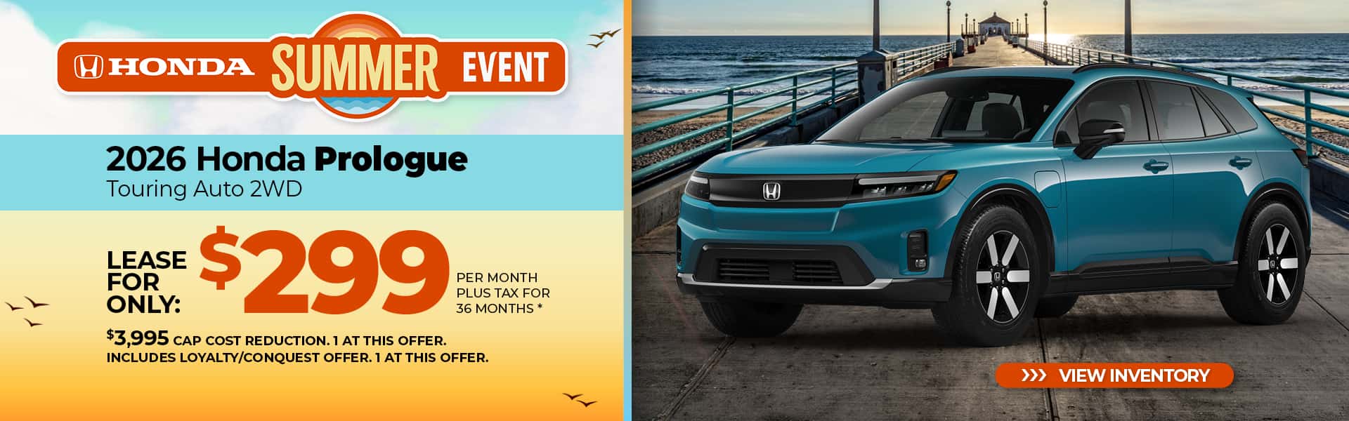 Lease a 2026 Honda Prologue Touring for $299 per month for 36 months.