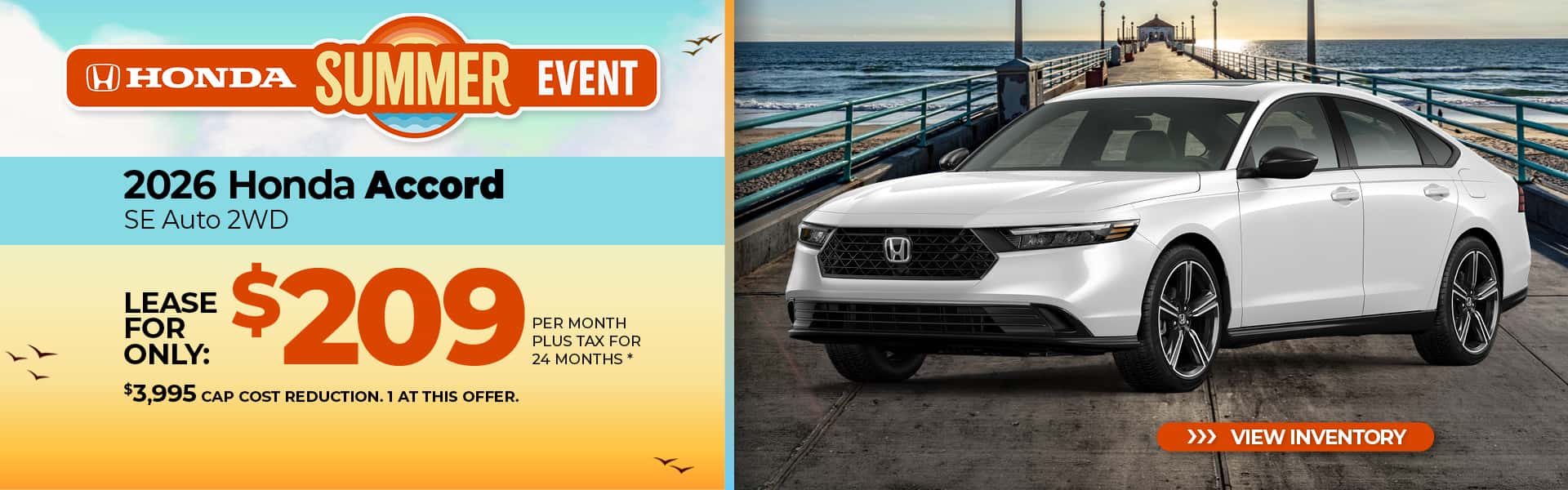 Lease a 2026 Honda Accord SE for $209 per month for 24 months.