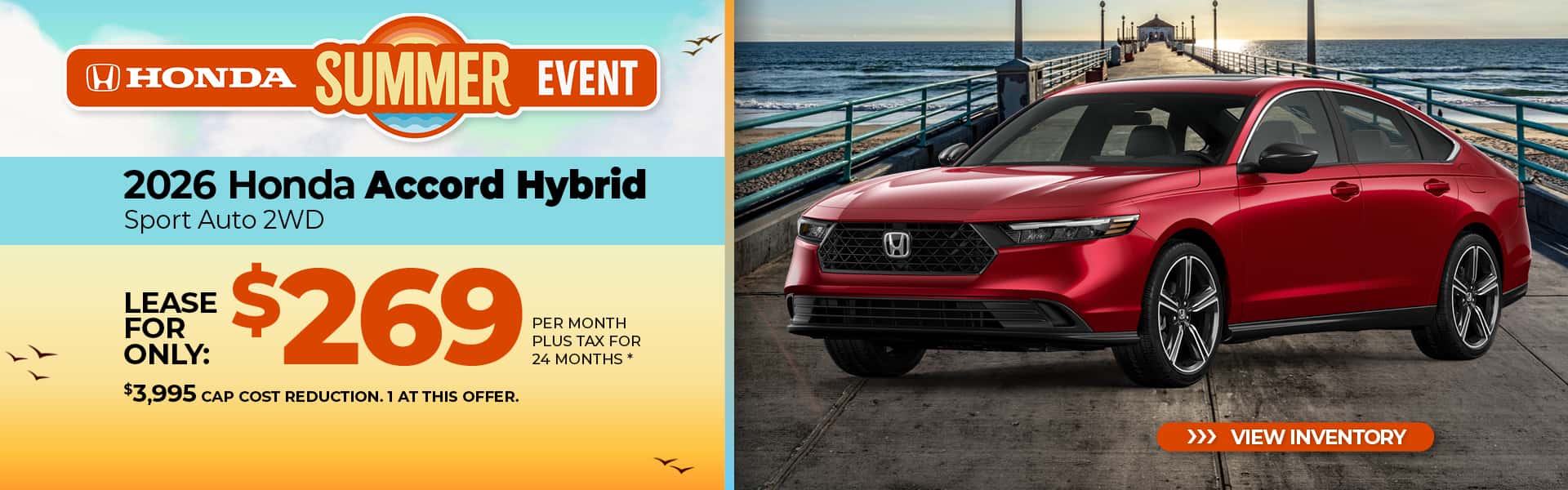 Lease a 2026 Honda Accord Hybrid Sport for $269 per month for 24 months.