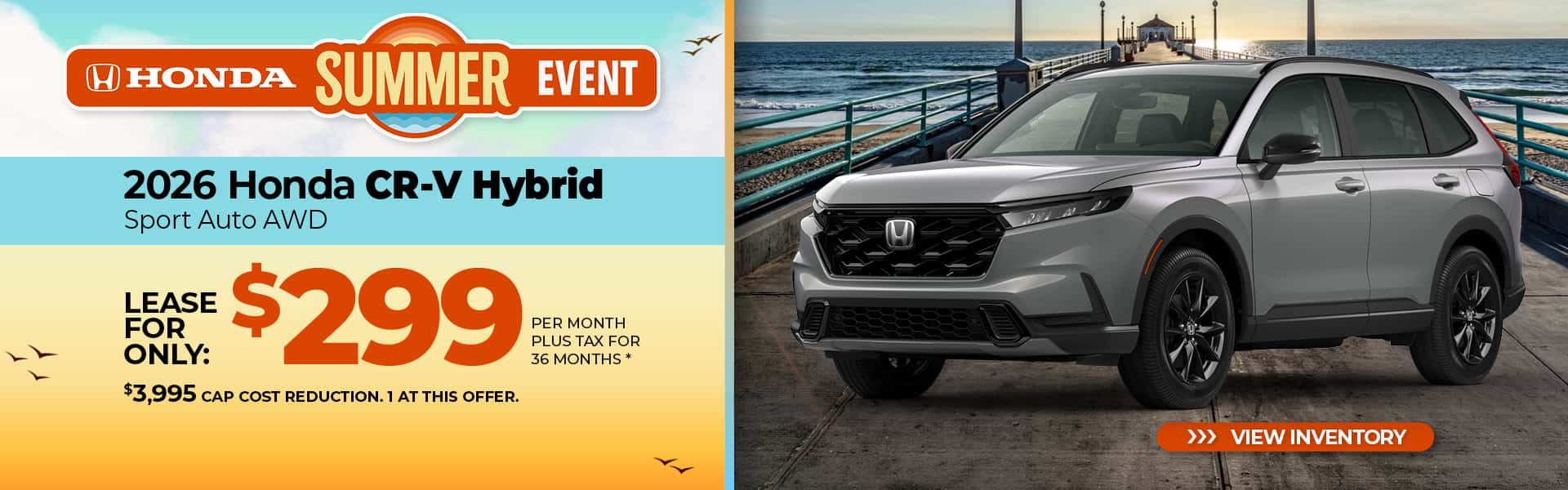 Lease a 2026 Honda CR-V Hybrid Sport for $299 per month for 36 months.
