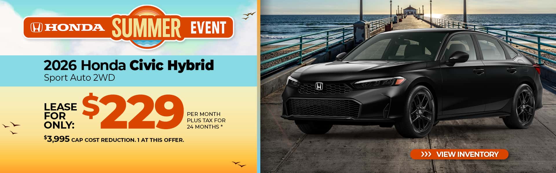 Lease a 2026 Honda Civic Hybrid Sport for $229 per month for 36 months.