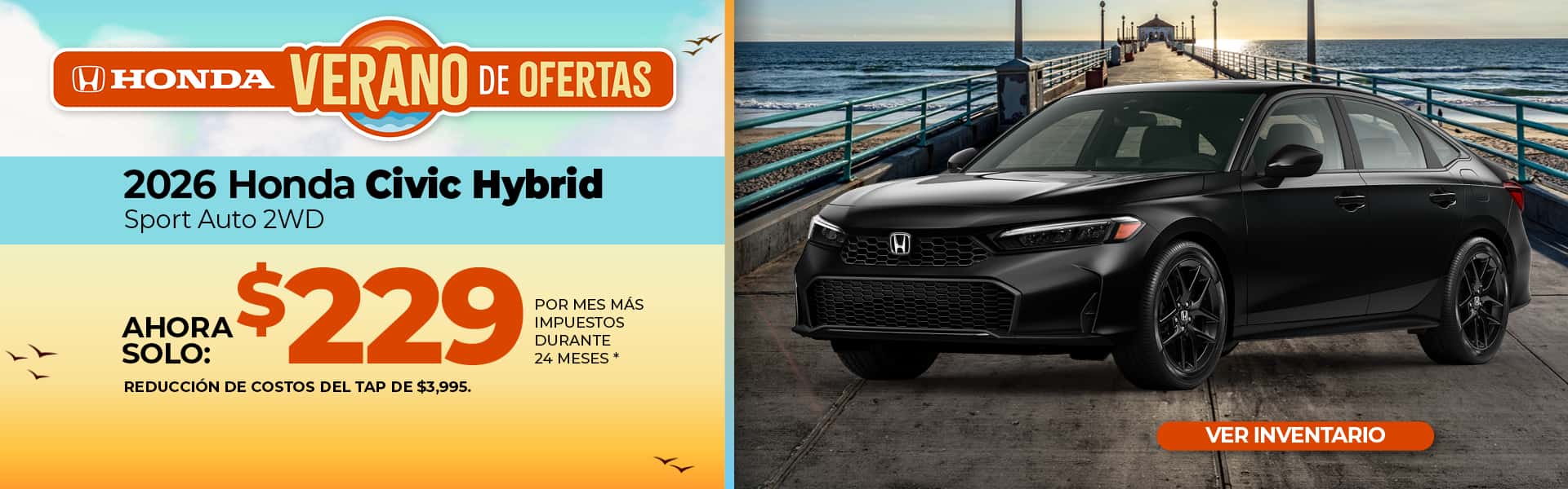 Lease a 2026 Honda Civic Hybrid Sport for $229 per month for 36 months.
