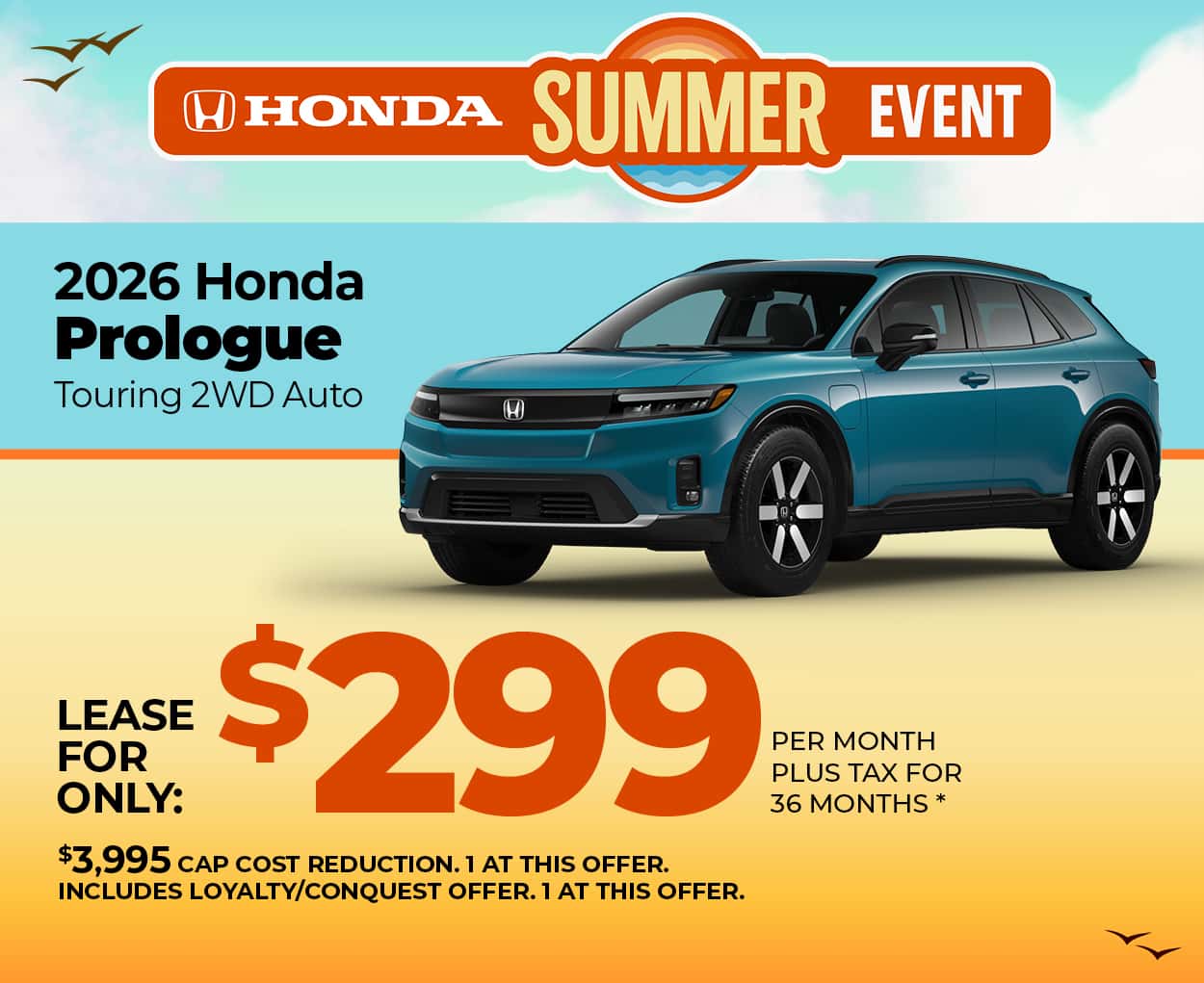 Lease a 2026 Honda Prologue Touring for $299 per month for 36 months.