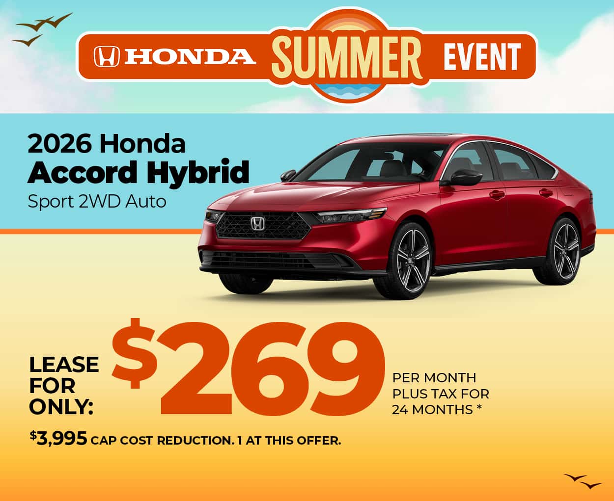 Lease a 2026 Honda Accord Hybrid Sport for $269 per month for 24 months.