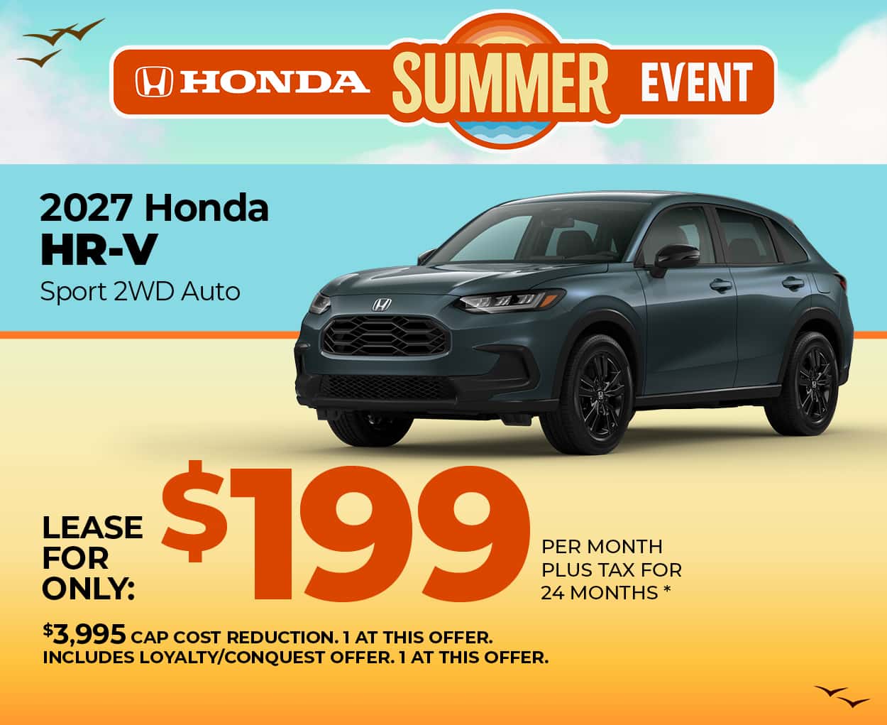 Lease a 2027 Honda HR-V Sport for $199 per month for 24 months.