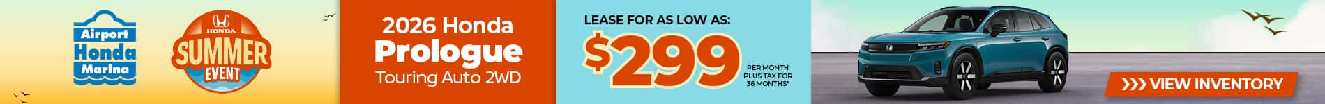 Lease a 2026 Honda Prologue Touring for $299 per month for 36 months.