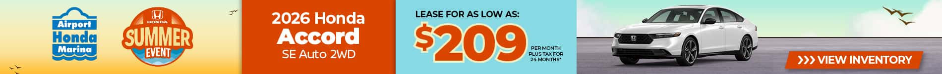 Lease a 2026 Honda Accord SE for $209 per month for 24 months.
