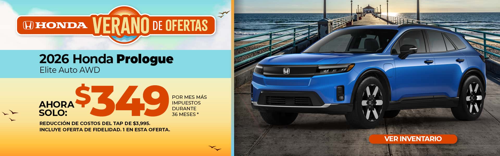 Arrienda un Honda Prologue Elite 2026 por $349 al mes durante 36 meses.