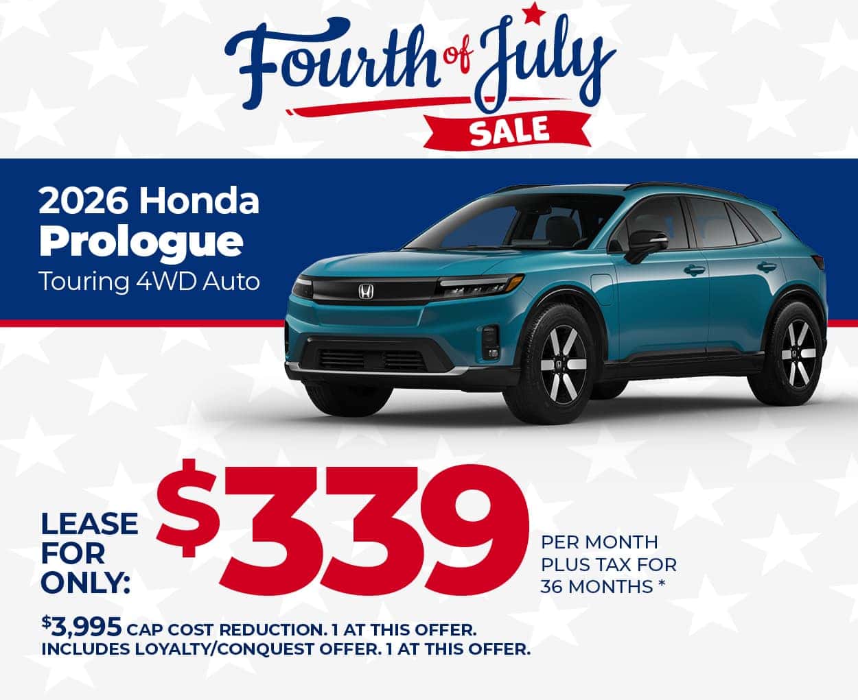 Lease a 2026 Honda Prologue Touring for $339 per month for 36 months.