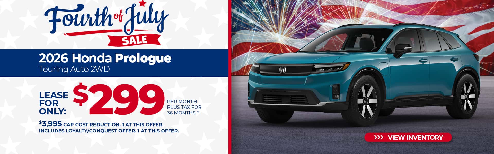 Lease a 2026 Honda Prologue Touring for $299 per month for 36 months.