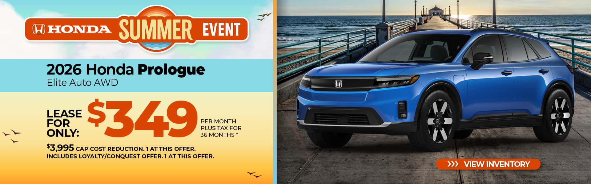 Lease a 2026 Honda Prologue Elite for $349 per month for 36 months.