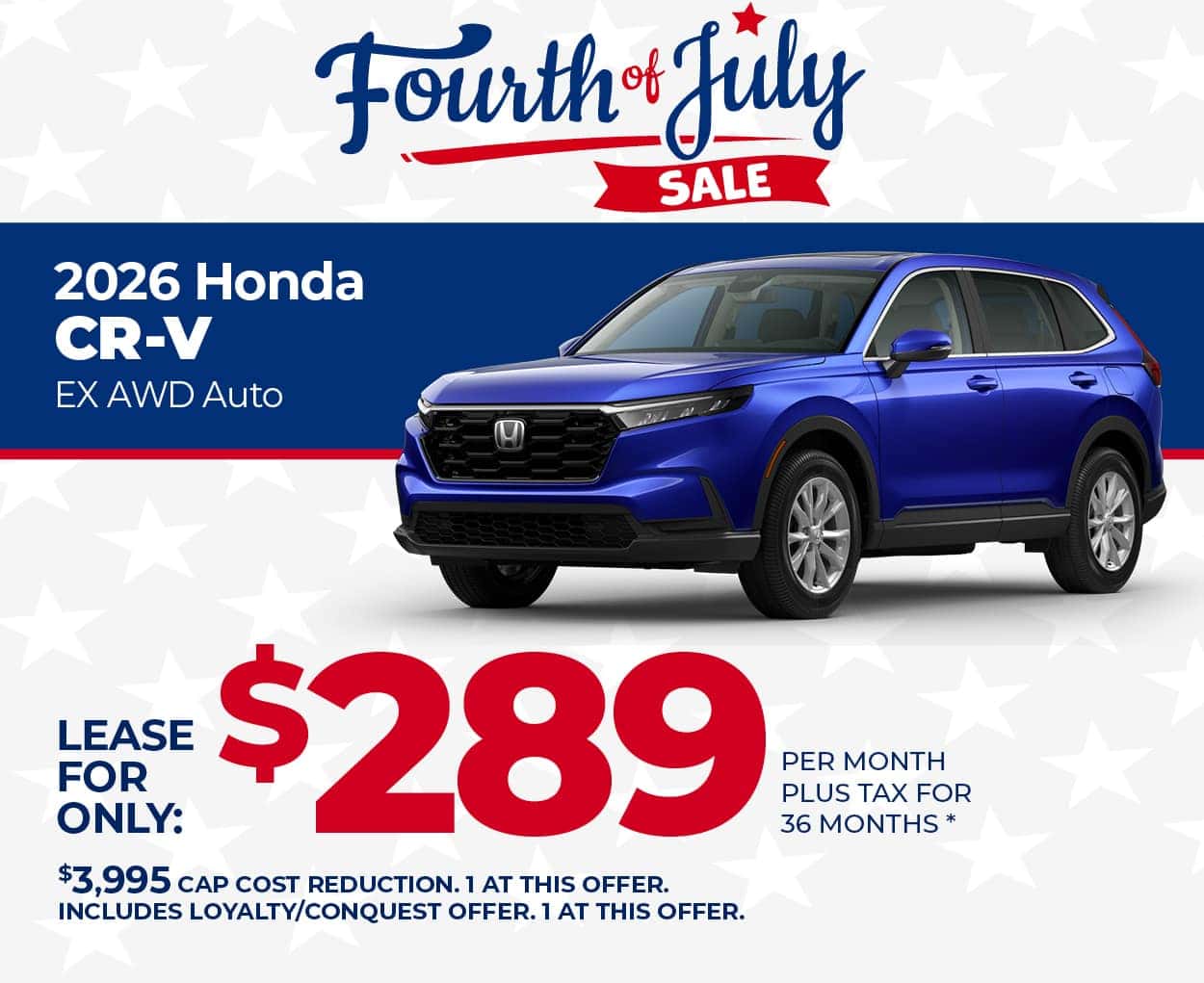 Lease a 2026 Honda CR-V EX for $289 per month for 36 months.
