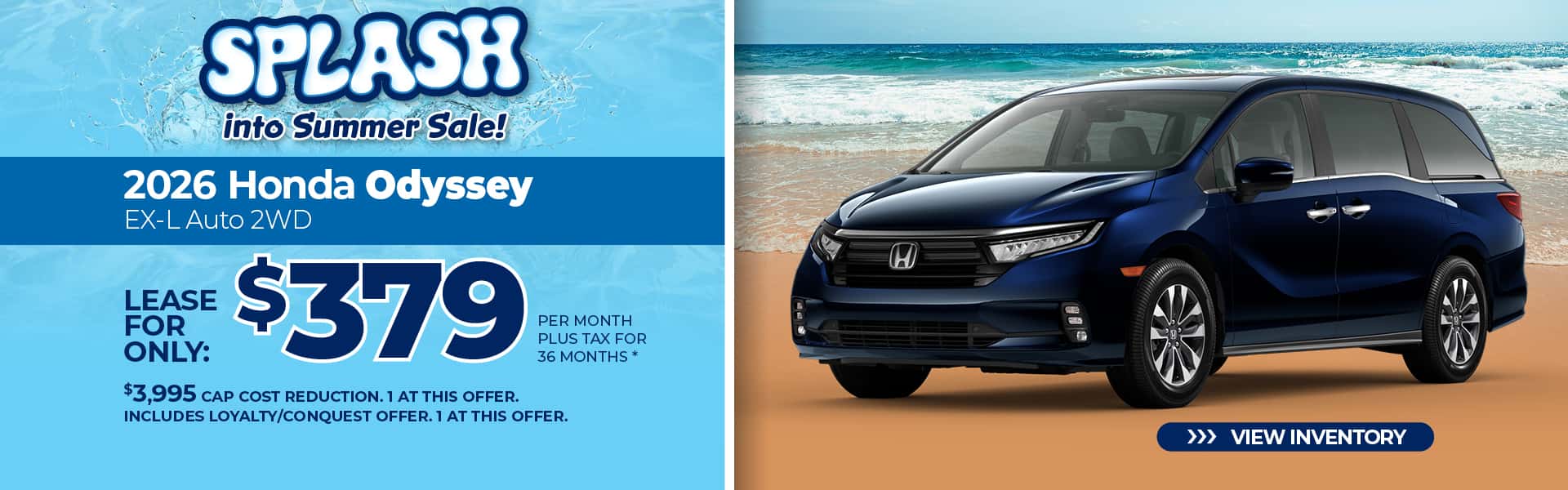 Lease a 2026 Honda Odyssey EX-L for $379 per month for 36 months.
