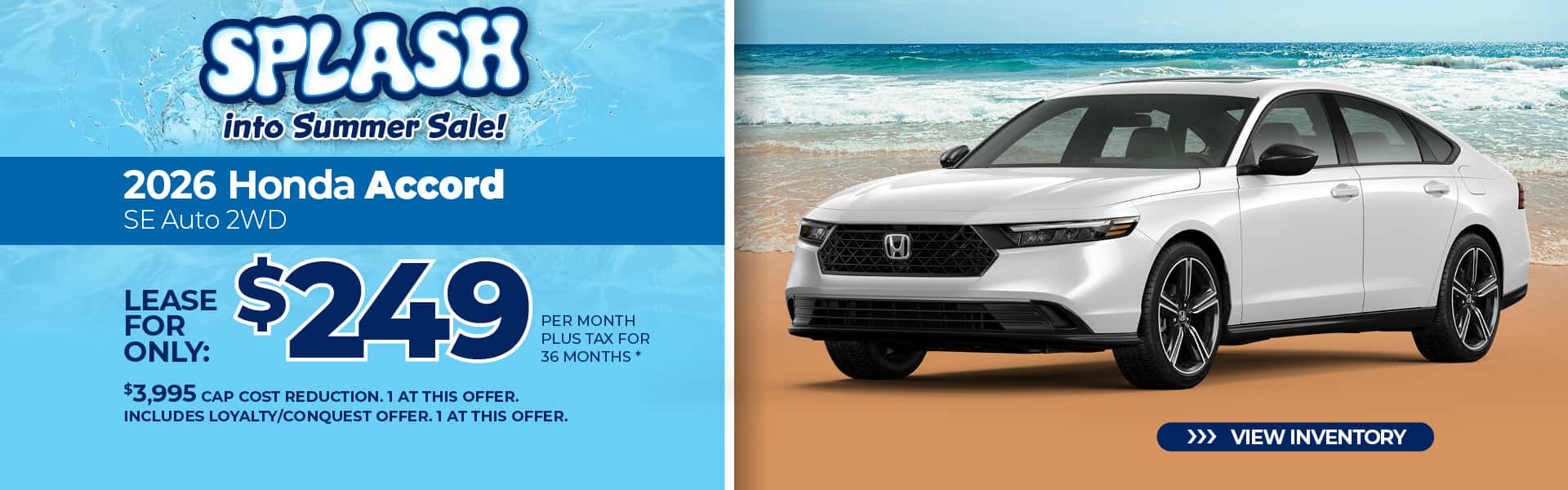 Lease a 2026 Honda Accord SE for $249 per month for 36 months.