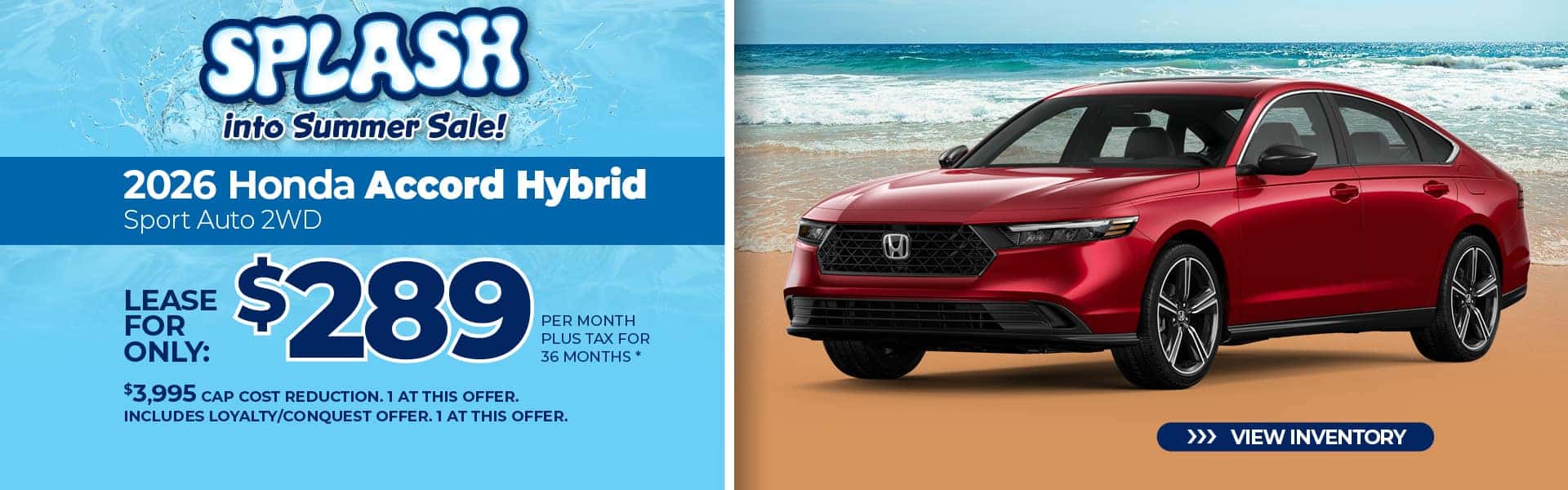 Lease a 2026 Honda Accord Hybrid Sport for $289 per month for 36 months.