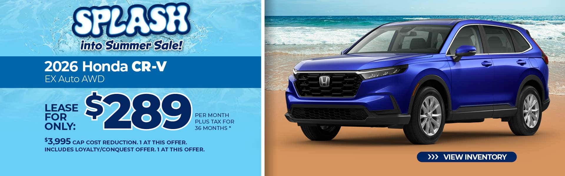 Lease a 2026 Honda CR-V EX for $289 per month for 36 months.