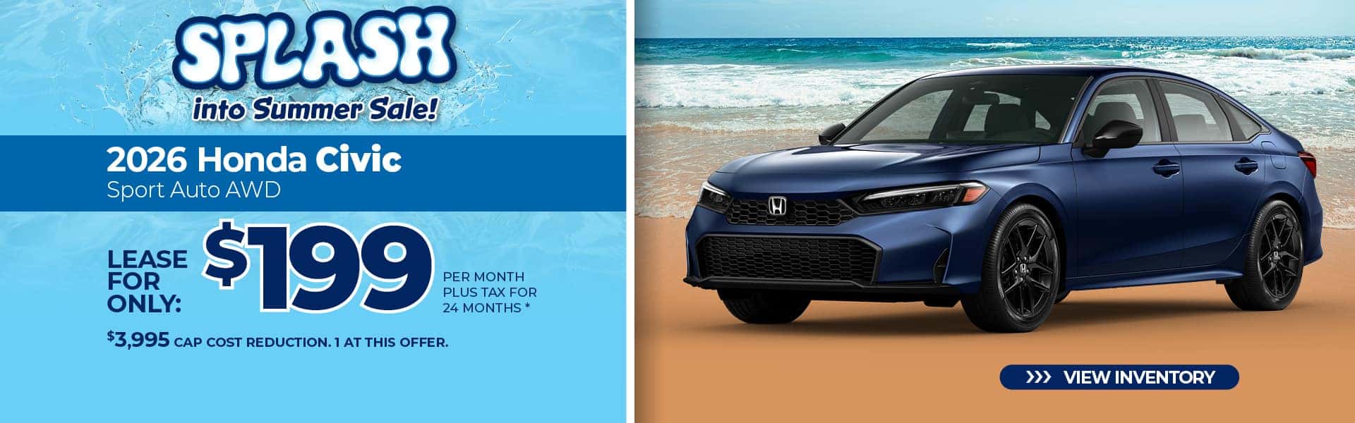 Lease a 2026 Honda Civic Sport for $199 per month for 24 months.