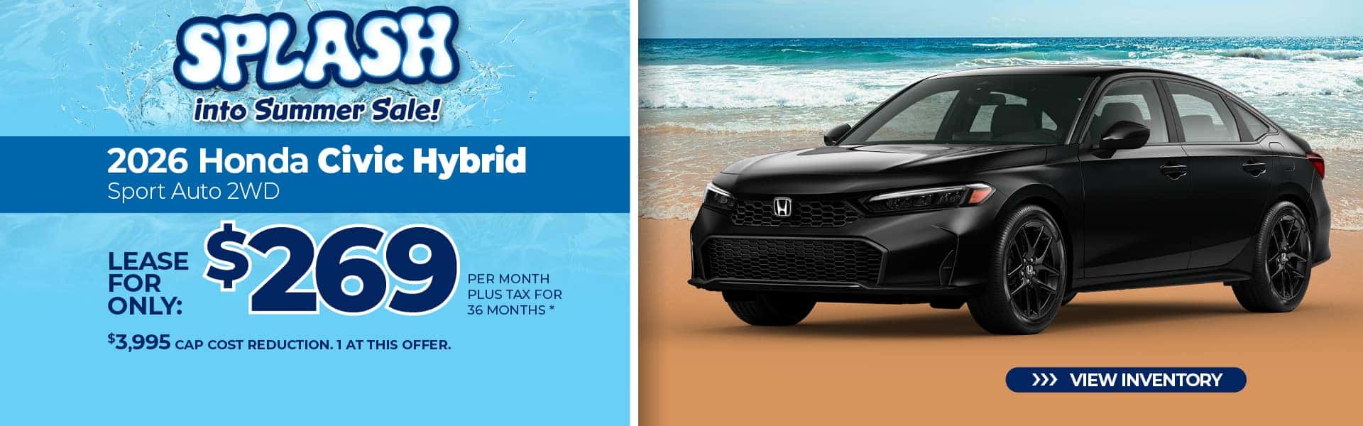 Lease a 2026 Honda Civic Hybrid Sport for $269 per month for 36 months.