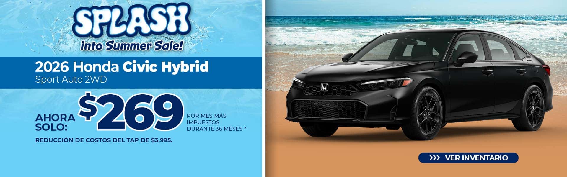 Lease a 2026 Honda Civic Hybrid Sport for $269 per month for 36 months. - Spanish