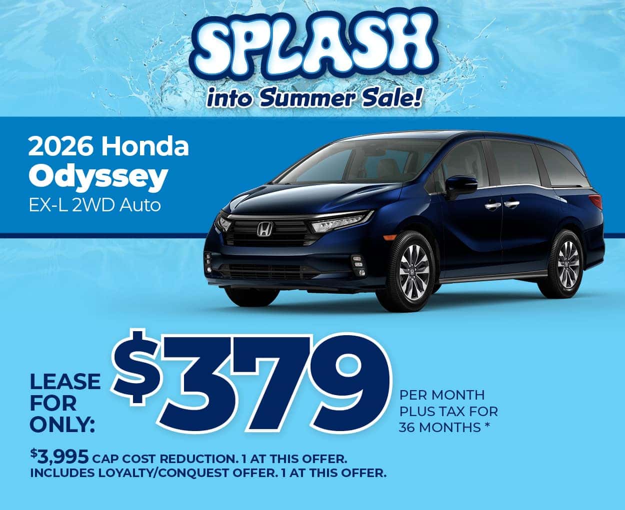 Lease a 2026 Honda Odyssey EX-L for $379 per month for 36 months.
