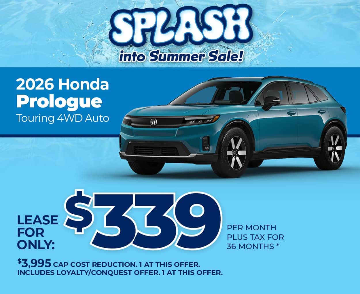 Lease a 2026 Honda Prologue Touring for $339 per month for 36 months.
