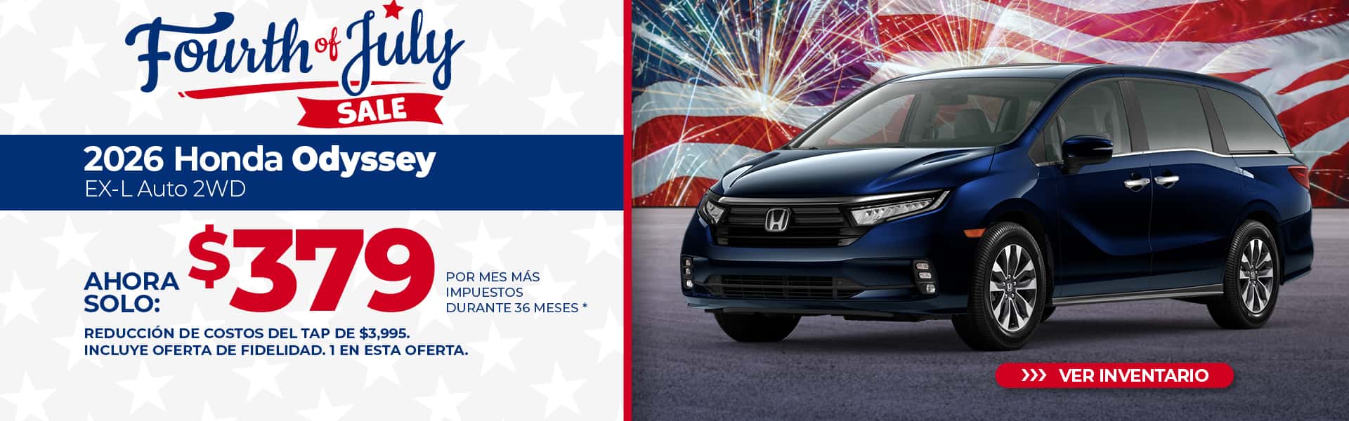 Arriende un Honda Odyssey EX-L 2026 por $379 al mes durante 36 meses.