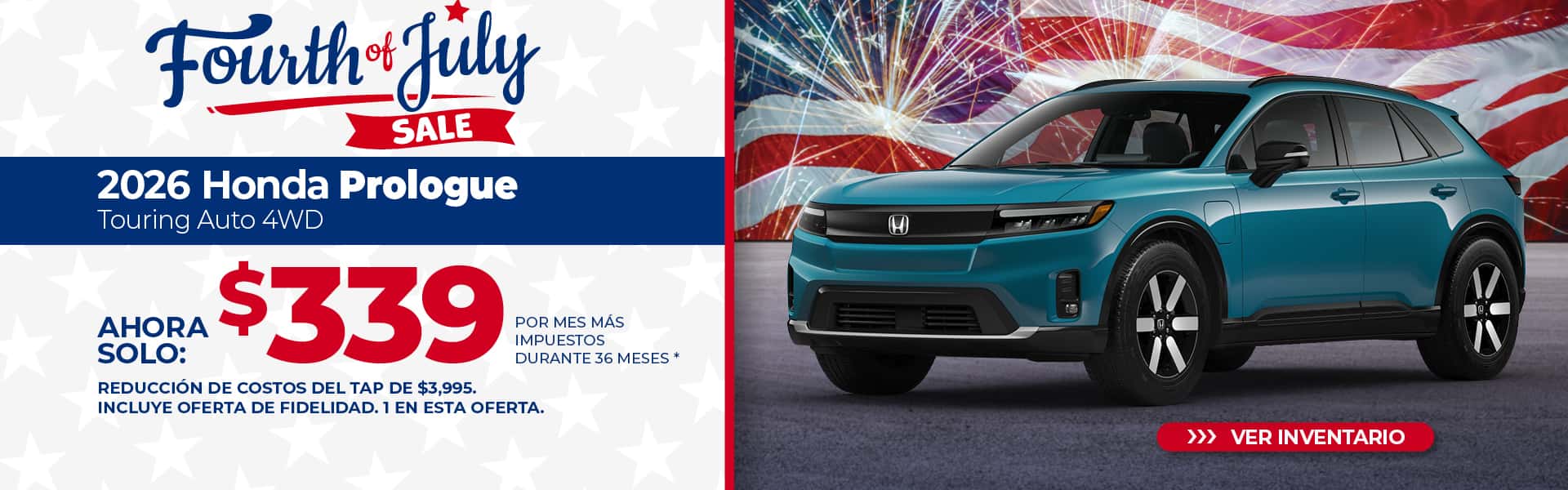 Arriende un Honda Prologue Touring 2026 por $339 al mes durante 36 meses.