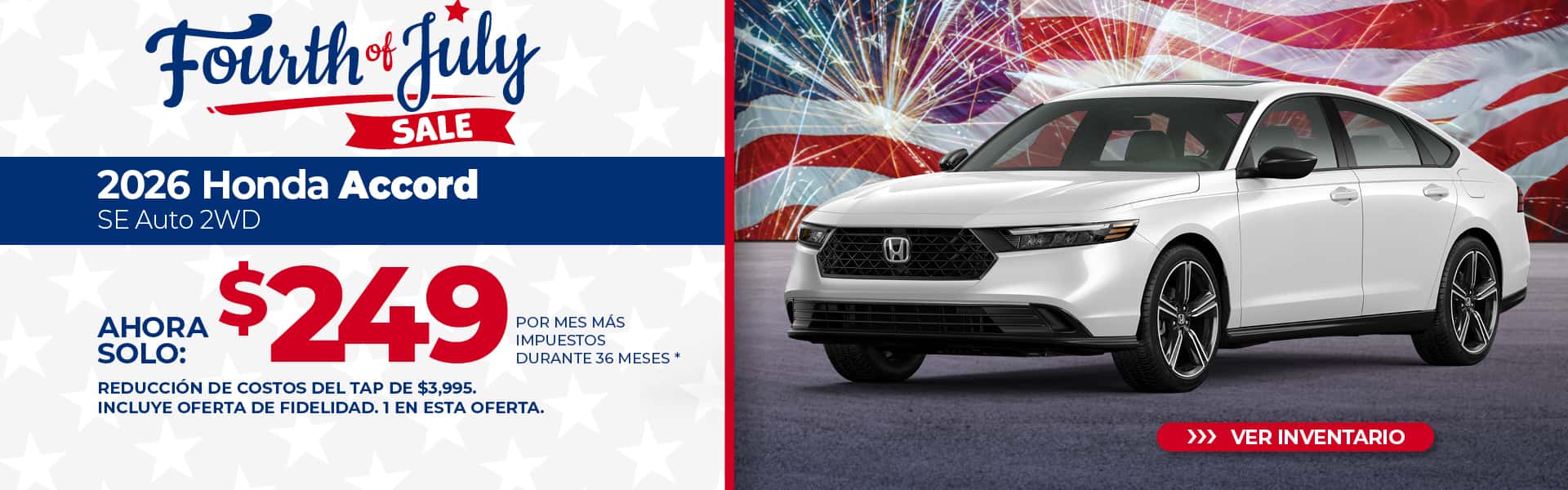 Arriende un Honda Accord SE 2026 por $249 al mes durante 36 meses.