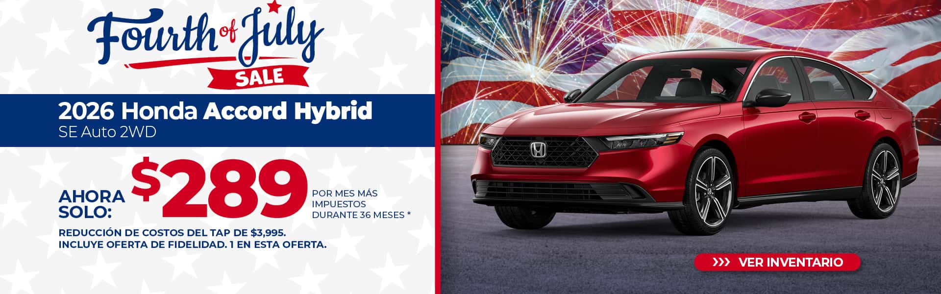 Arriende un Honda Accord Hybrid Sport 2026 por $289 al mes durante 36 meses.
