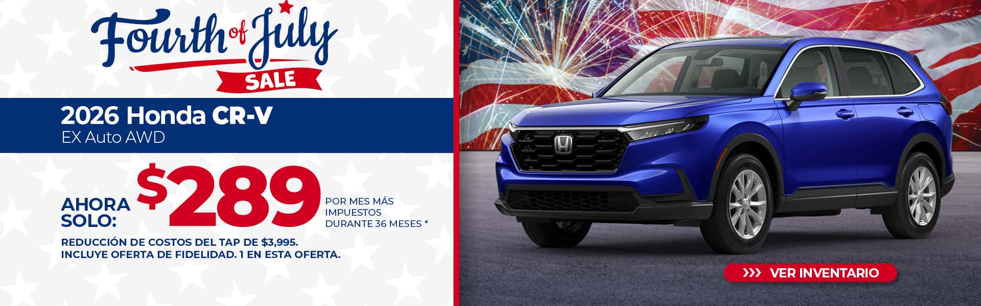 Arriende un Honda CR-V EX 2026 por $289 al mes durante 36 meses.
