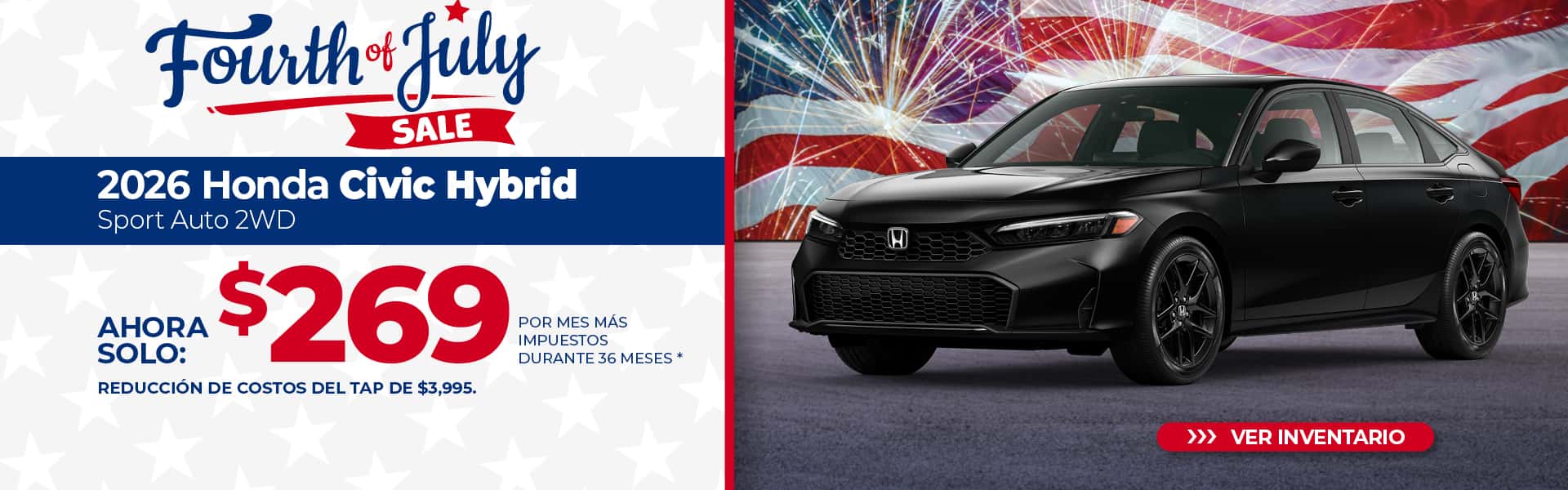 Arriende un Honda Civic Hybrid Sport 2026 por $269 al mes durante 36 meses.